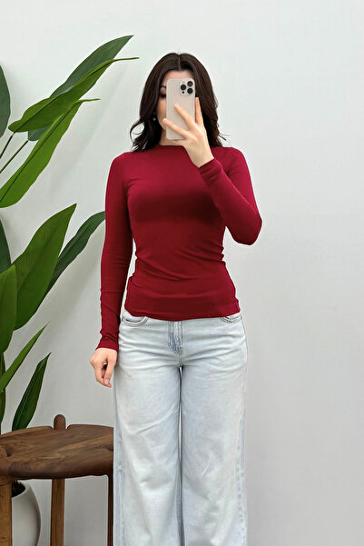 Ladima Women's Burgundy Crew Neck Long Sleeve Blouse