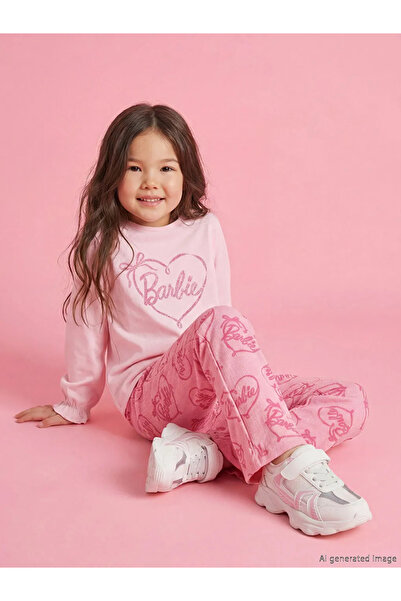 LC Waikiki LCW Kids Pink okrugla kragna Barbie Štampano Majica i helanke za d...