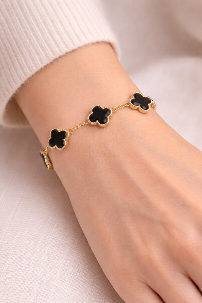 ALYA GOLD SİYAH Renkli 5 Yoncalı Çelik Bileklik