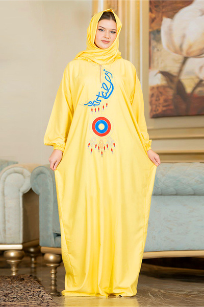 AsrymShop Lightweight, wide, embroidered yellow Cotton -viscose prayer robe