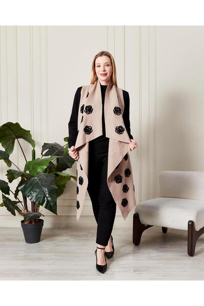 Zer Otantik Embroidery Detailed Shawl Collar Long Vest Cream