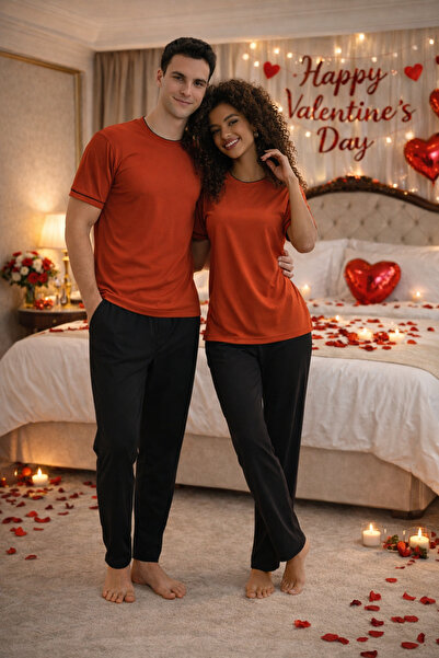 KLY Kiremit Renk Modal Kumaş Eşli Pijama Takımı – Karı Koca Sevgili Kombini, ...