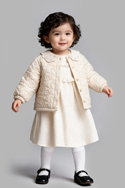 Kidmark Çocuk Modası فستان بناتي مبطن باللون الكريمي