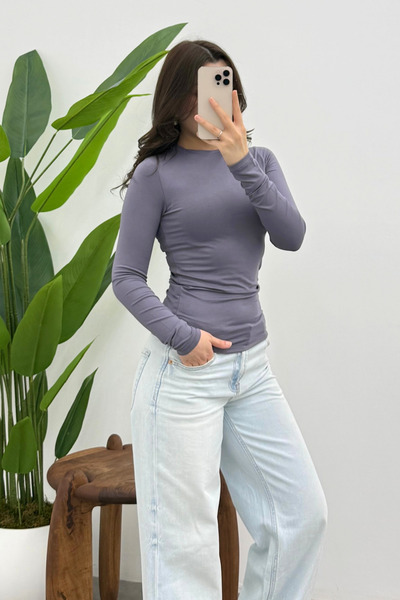 Ladima Women's Gray Crew Neck Long Sleeve Blouse