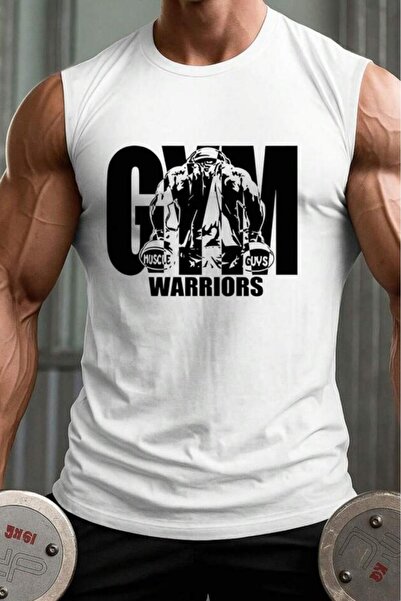 NO 601 Men's White Gym Warrirors Printed Sleeveless Tank Top