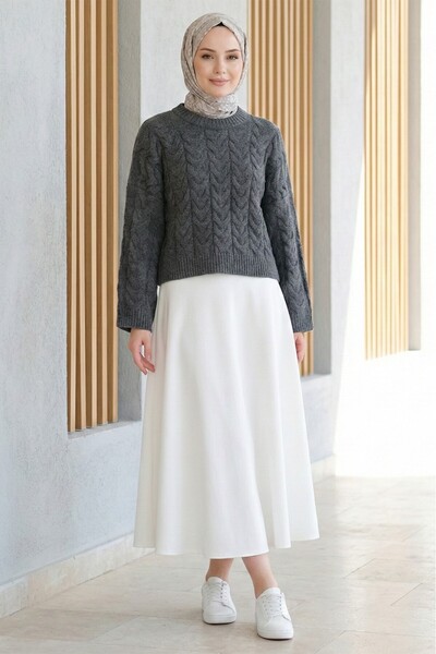 FERHEL Casual Crop Knit Sweater with Knitted Pattern - Smoked