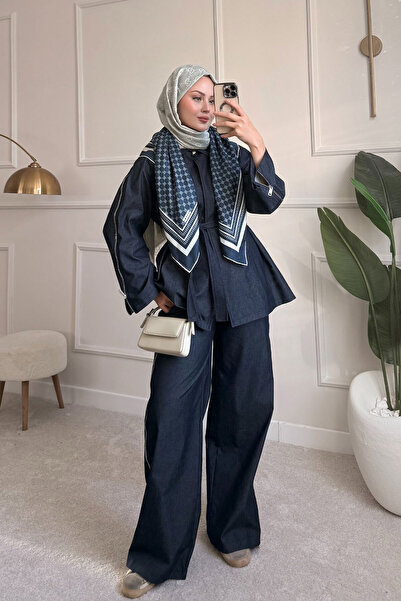 LOCCO Women's Sleeve Zipper Detailed Waist Tie Single Button Suit Navy Blue