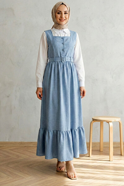 FERHEL Women's Double Set with Top and Buttoned Shirt - Hijab Dress - Baby Blue