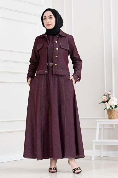 Sevitli Denim Gilet with Sleeve Patches Double Set-Bordo