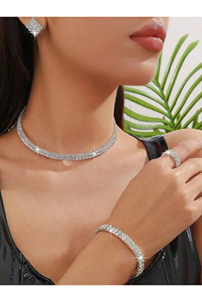 Take Two By Styli طقم نسائي مرصع بأحجار الراين، يتضمن قلادة وسوار وخاتم وأقراط