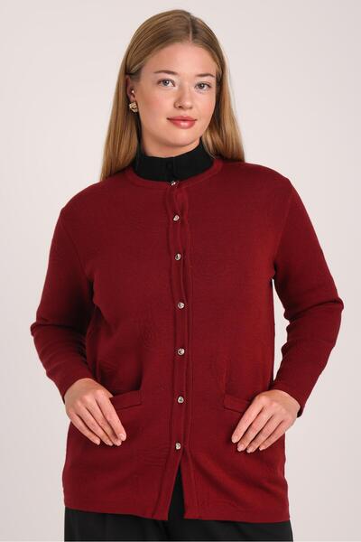 Uludağ Triko Women's Burgundy Shawl Patterned Comfortable Cut Knitwear Cardig...