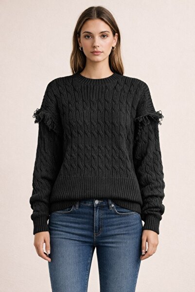 FERHEL Tasseled Knitwear Sweater with Balloon Sleeves for Winter - Black