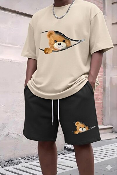 CAST COLLECTİON Men's Beige Zippered Bear Printed Oversize T-Shirt Black Shor...
