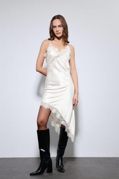 Antioch Ekru Asimetrik Dantel Elbise