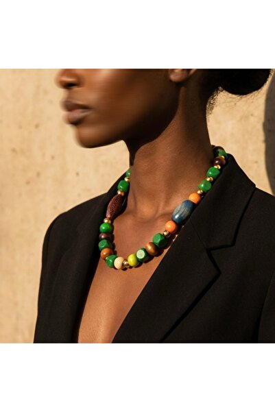 COCOSH TAKI Green and blue afghan beaded necklace with gold accents, a bohemi...