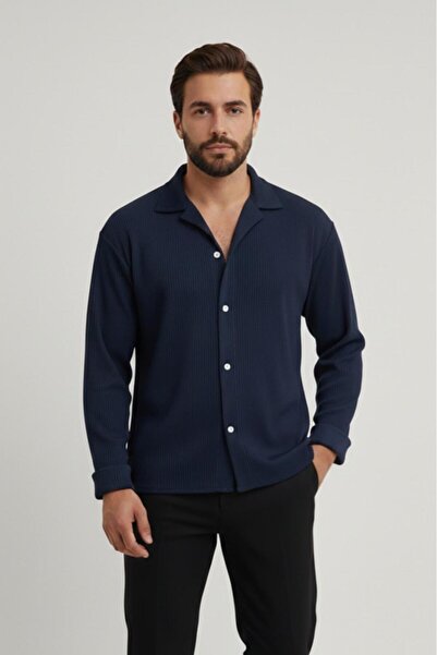 CAST COLLECTİON Men's Navy Blue Ottoman Fabric Shirt