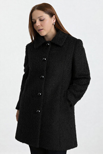 Selen Büyük Beden Şömizye Yaka Tüylü Kaban / SİYAH