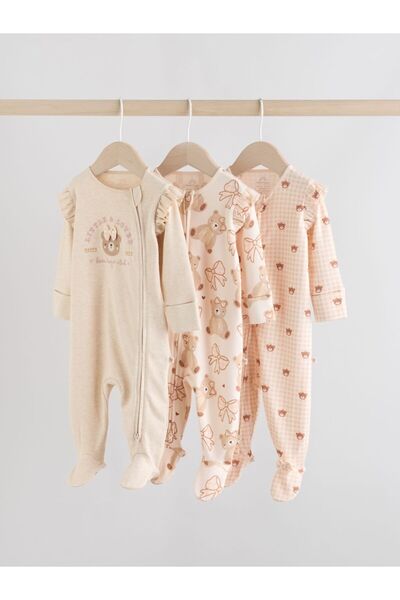 Next Baby Cotton Cream Pink Teddy Bear Patterned 3-Piece Sleeping Set