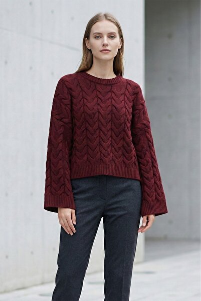 FERHEL Casual Crop Knit Sweater with Knitted Pattern - Burgundy
