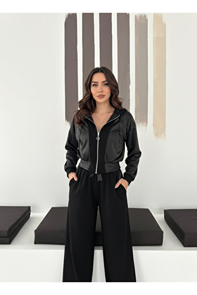 TLG GİYİM Women's Zippered Hooded Satin Detailed Modal Fabric Bomber Jacket Set