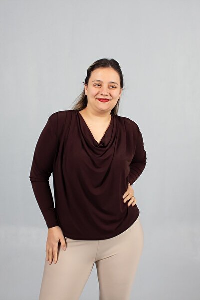Truva XXL Degaje Yaka Brown Blouse Candy Fabric Lycra Comfortable Fit