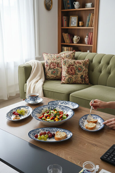 Akayev Porselen Vintage Blue 5 Parça Salata Kayık Servis Takımı Servis Takımı