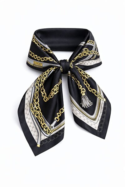 MAESTRO WOMAN Kadın Siyah Zincir Desenli İpek Fular 70x70