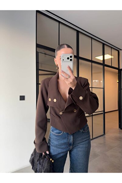 BB Bensu Buyruk Gold Button Padded Crop Jacket Brown