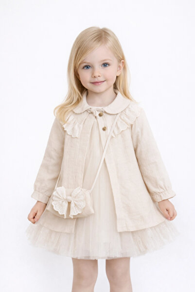 Kidmark Çocuk Modası Girl's Baby Collar Linen Dress with Bag