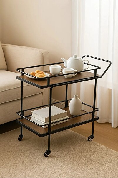 N.zone Brown industrial metal serving trolley with wheels - 2-tier bar cart 8...