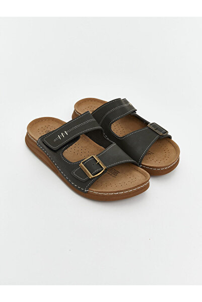 LC Waikiki Özmarka New Season Leather-Look Double Striped Men's Slippers