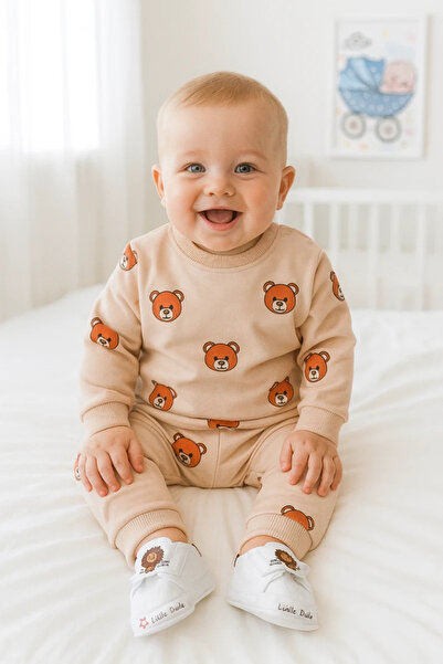 hümabebe Büyük ayıcık kafalar desen omuzdan çıtçıtlı mevsimlik 2 parça takım