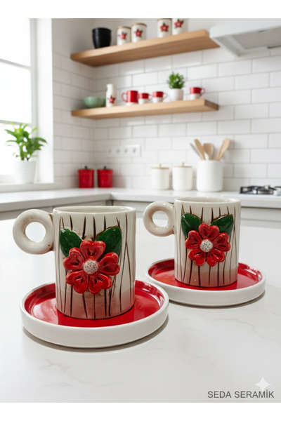 seda seramik El yapımı çiçekli tasarım 4 parçalı 2 kişilik kahve fincan takım...