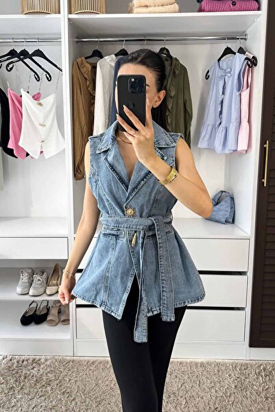 Mzr Collection Gizli Cep Detay Kuşaklı Denim Yelek - Mavi MAVİ