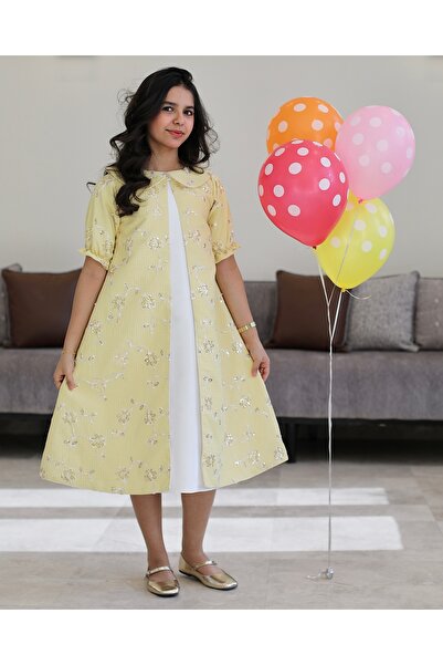 Totikids طقم بناتي فستان أبيض وجاكيت مطرز أصفر | إطلالة العيد الفاخرة - 1192