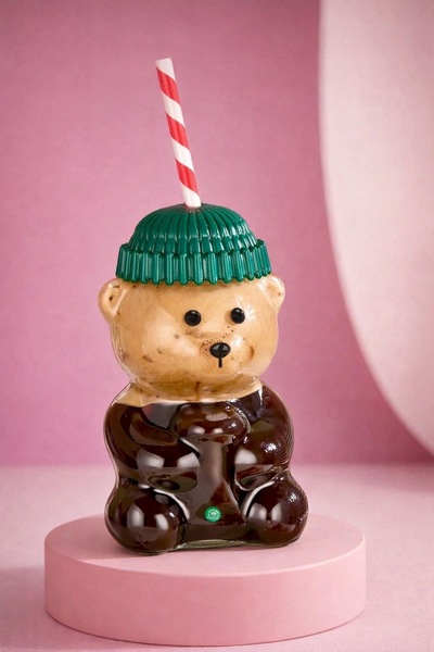 BEYZANA Barista Cam Soğuk İçecek Bardağı Ayıcıklı Bardak 500 ml Kapaklı Sevim...