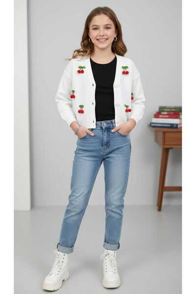 shop hırka beyaz şık trend kırmızı kiraz detaylı