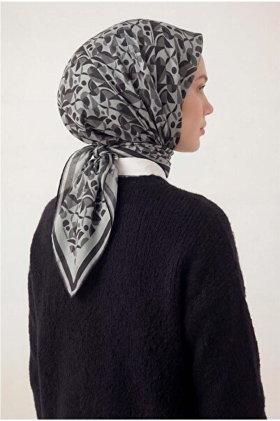 Silk Home Cotton Blend Scarf Silver Retro Geometric Pattern Soft Textured Non...