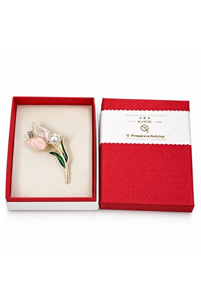 OEM Broșă Elegantă Lalea cu Perlă, Accente Aurii și Frunze Verzi, Design Flor...