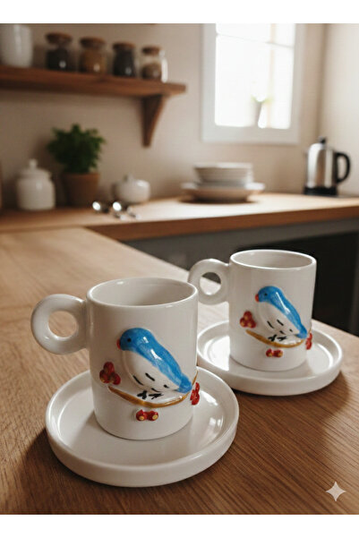 seda seramik Handmade Bird Design 4-Piece 2-Person Coffee Cup Set 90 ml