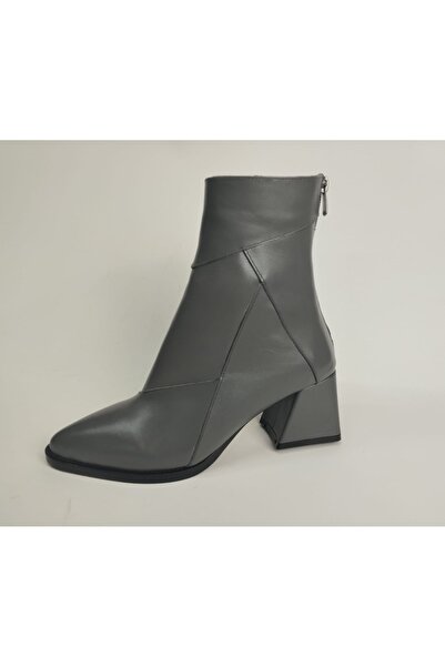 Lucciola Kadın Hakiki Deri Arkadan Fermuarlı Gri Deri Topuklu Bot