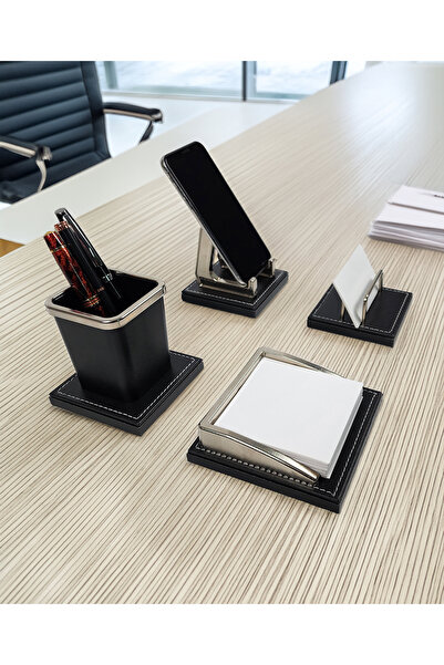 prozenis PR47063 Lüks Siyah Ofis Masaüstü Seti Krom Detaylı Kalemlik, Telefon...