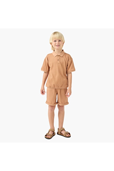 ELIGO Collared Short Sleeves Polo Shirt and Shorts Set with Ribbed Texture