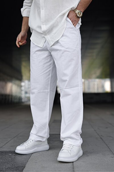 comstar Men's Trend Basic Wide Leg White Baggy Linen Trousers