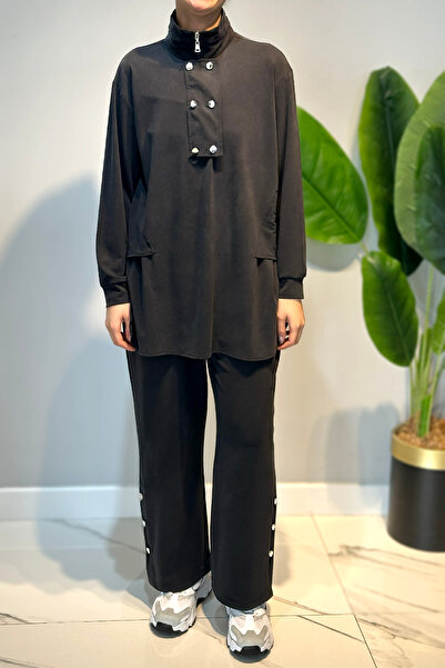 Lale Butik Cotton Studded Detail Tunic Trousers Set 4417 Black