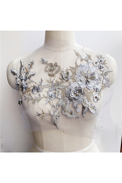 Choice8 أقمشة دانتيل مرصّع بالخرز زهور ثلاثية الأبعاد رمادية اللون، قطع قابلة...