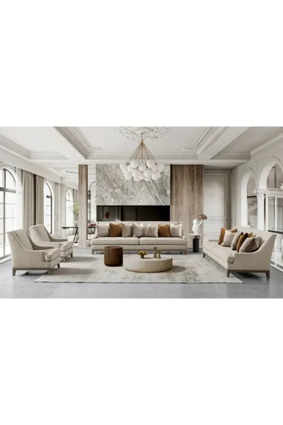 homejoyz Beige Linen Sofa Set - Swedish Wood - 4 Pieces