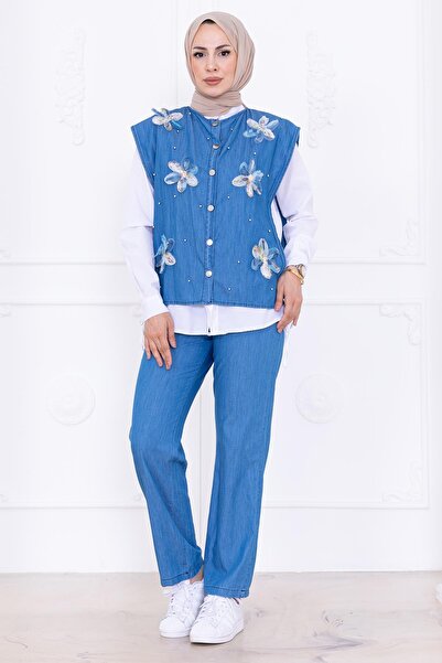 hafsamina Papatya Touch Vest Denim Suit Hm2878 Light Blue