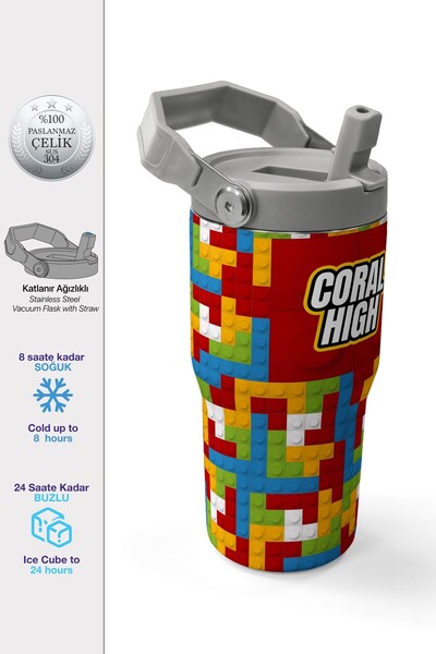 Coral High Renkli Blok Desenli Katlanır Ağızlıklı Çelik Termos 600 ml 38917