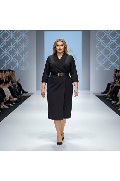 ventura butik Kruvaze Yaka Kemerli Midi Boy Büyük Beden Elbise